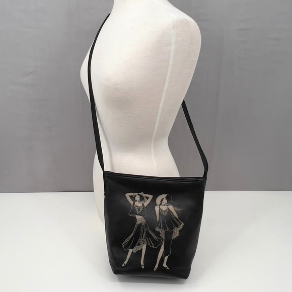 Vintage 80s Black Crossbody Bag with Art Deco Women Graphic - Picture 2 of 7
